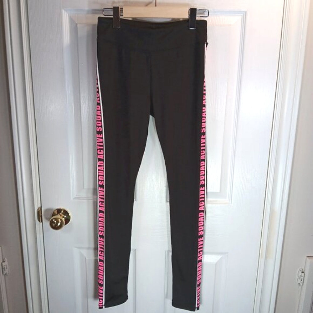 H&M Sport Girls Charcoal Grey Leggings Pink 'Active Squad' Leg Graphics Size 14